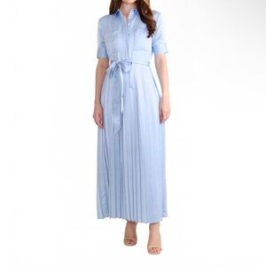 Light Blue Pleated Maxi Shirt Dress with Tie Waist